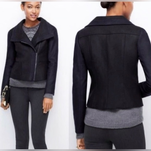 Ann Taylor Black Navy Diagonal Zip Lined Wool Blend Jacket Coat Women’s Size 4 - Picture 1 of 8
